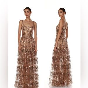 NWT Bronx and Banco Runway Midnight Gown in Champagne Gold bling sequins dress